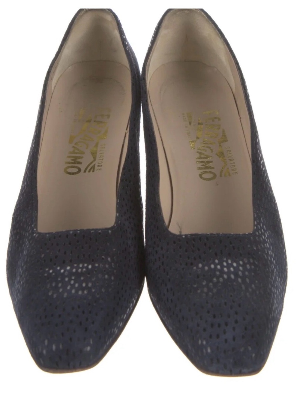 Salvatore Ferragamo Navy Patterned Suede Women's block heel